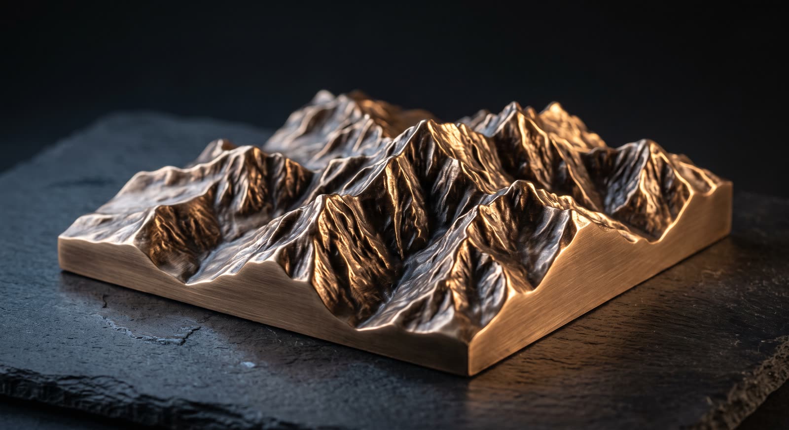 Relief alpin imprimé en 3D en finition métallisée bronze, reflets chauds le long des arêtes