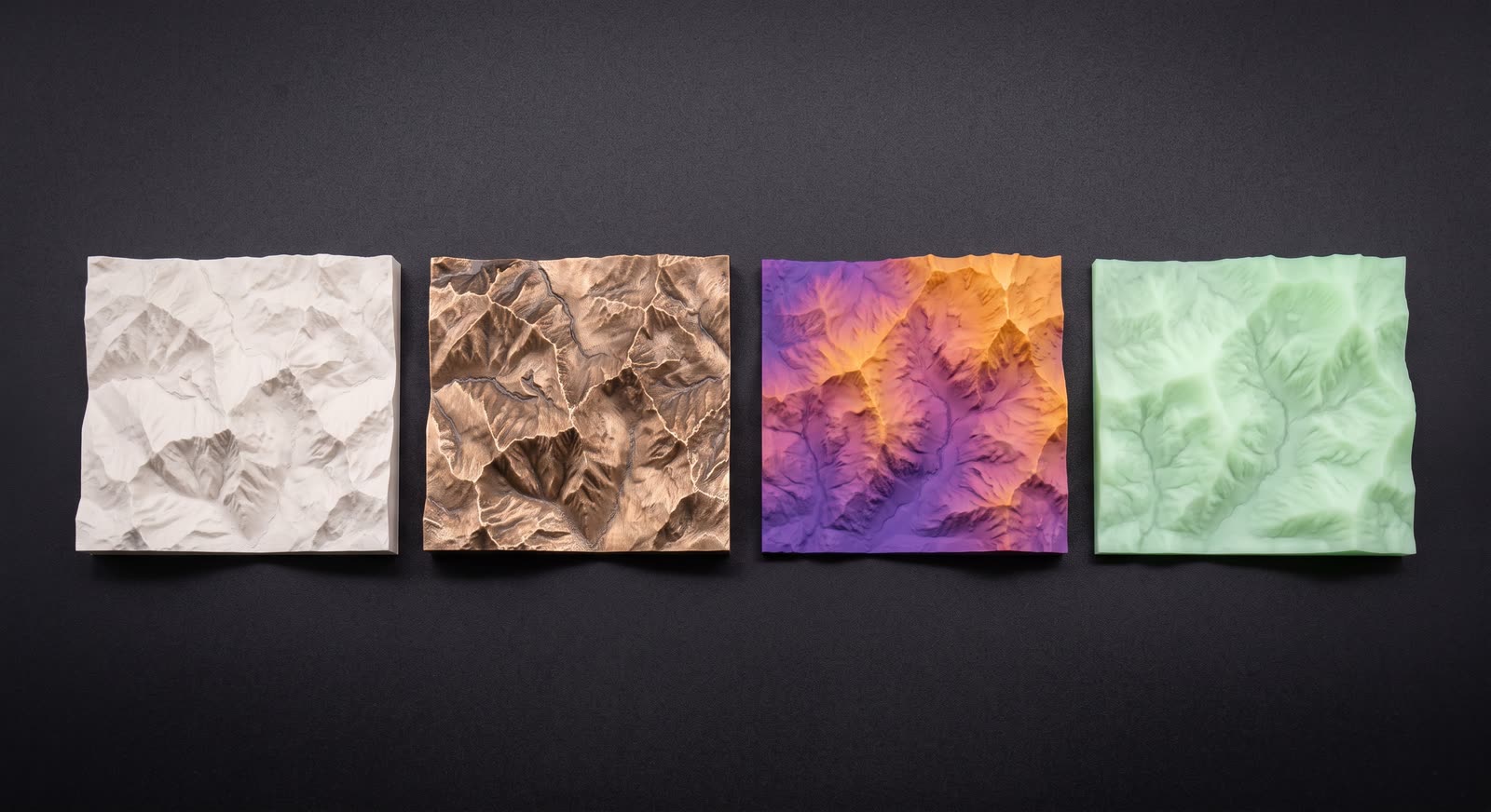 Quatre cartes en relief imprimées en 3D côte à côte : finitions mate, métallisée, dégradée et phosphorescente