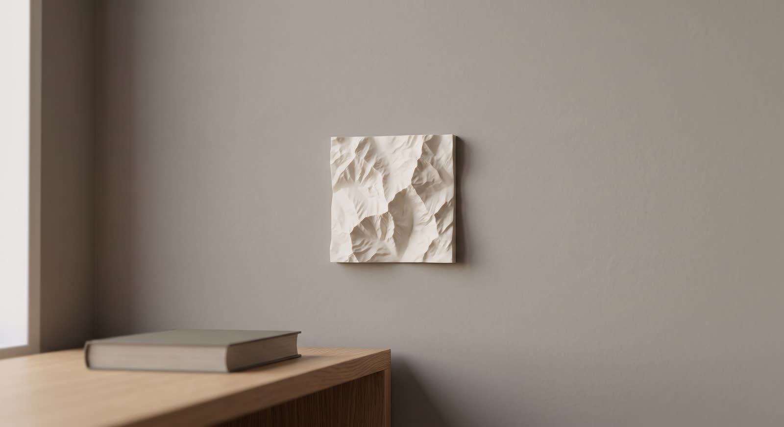 Carte en relief imprimée en 3D accrochée à un mur clair, éclairée par la lumière d'une fenêtre