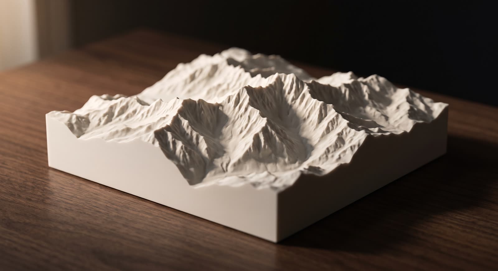 Carte en relief d'un massif alpin imprimée en 3D, finition mate ivoire, posée sur un bureau en noyer