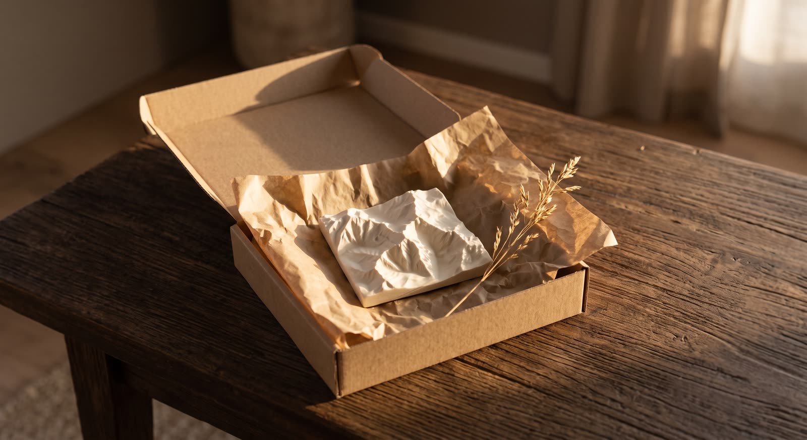 Carte en relief imprimée en 3D dans son emballage carton, calée dans du papier kraft, prête à offrir
