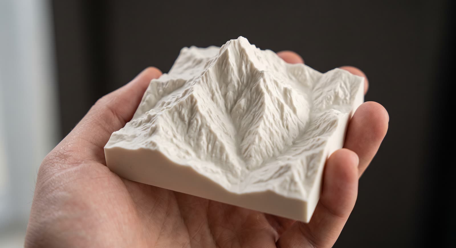 Carte en relief imprimée en 3D tenue dans une main, montrant sa taille réelle d'environ 15 centimètres